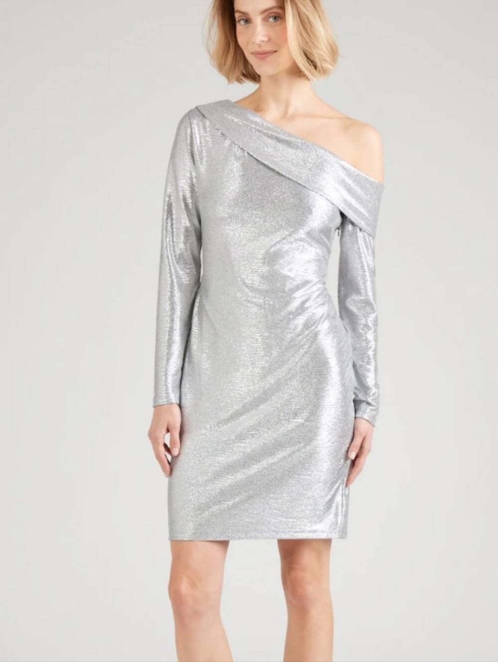 NWT Lauren Ralph Lauren Silver Metallic Off-Shoulder Long Sleeve Cocktail Dress